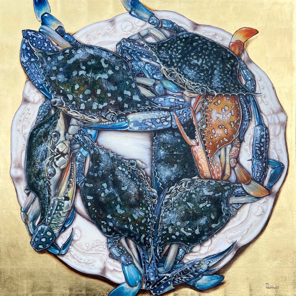 nature, animal, Blue Swimmers 2022, Oil on canvas with metal leaf, painting, Daria Ivashchenko